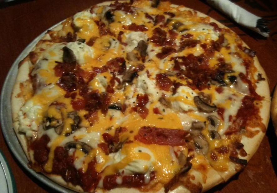 bacon and mushroom pie under a cheddar-mozzarella blend, Bazbeaux Pizza
