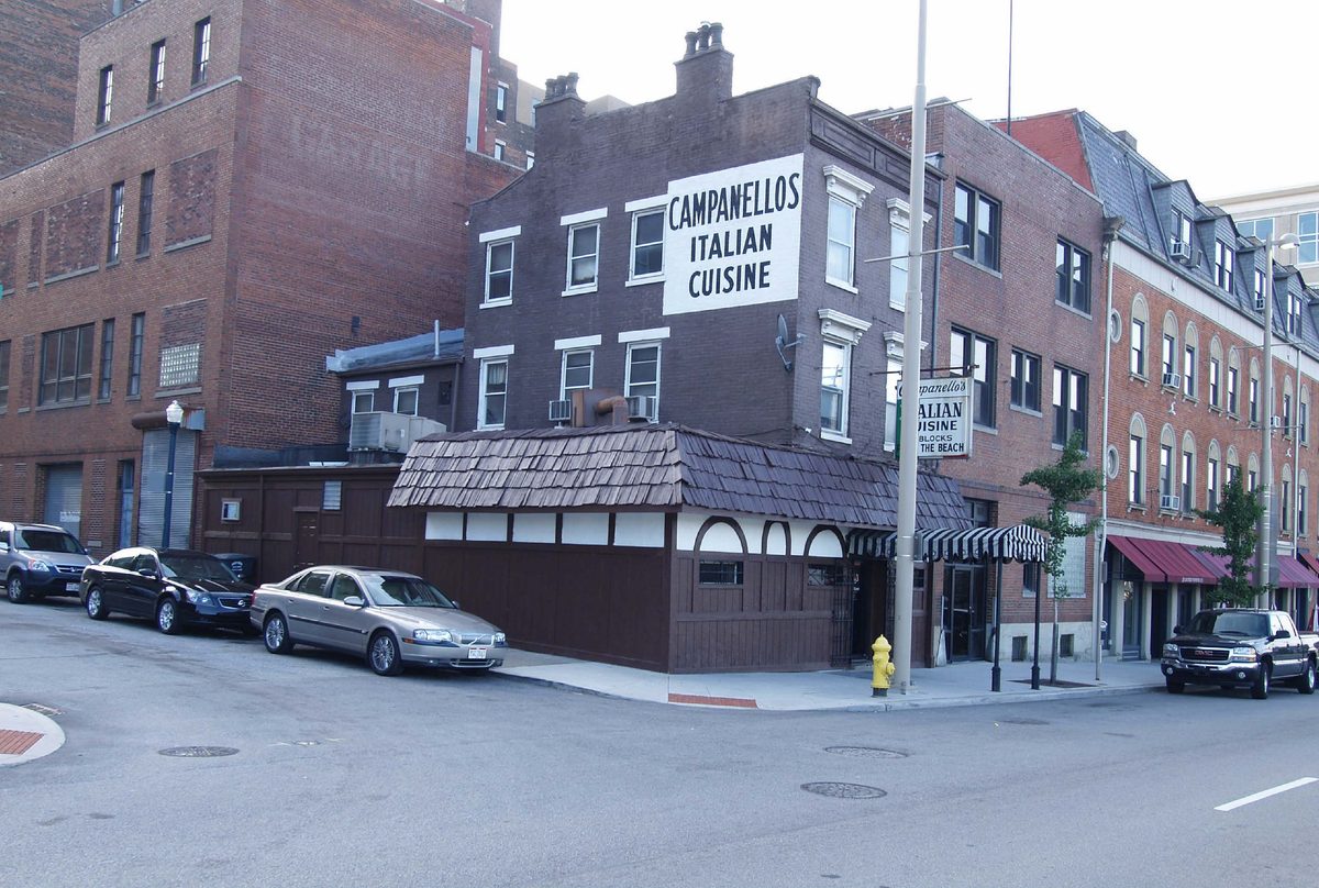 Campanello's Italian Cuisine painted on the brick above the brown shingled corner storefront on Central Avenue, Campanello's