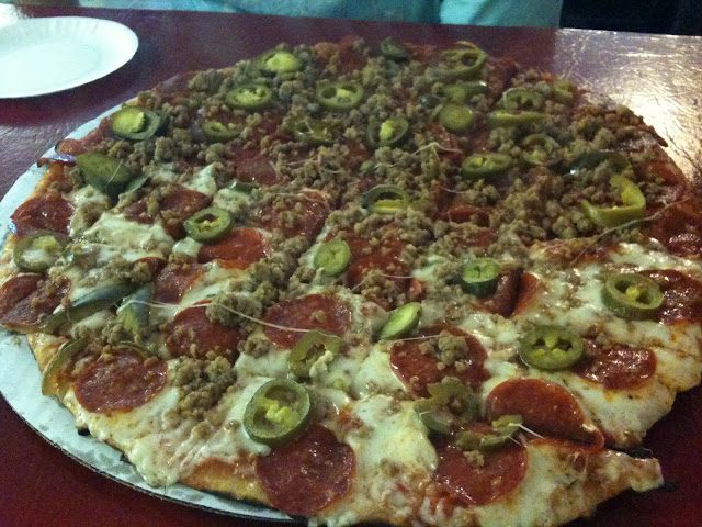 pepperoni pie studded with jalapeños and sausage crumbles, Cassano's Pizza King