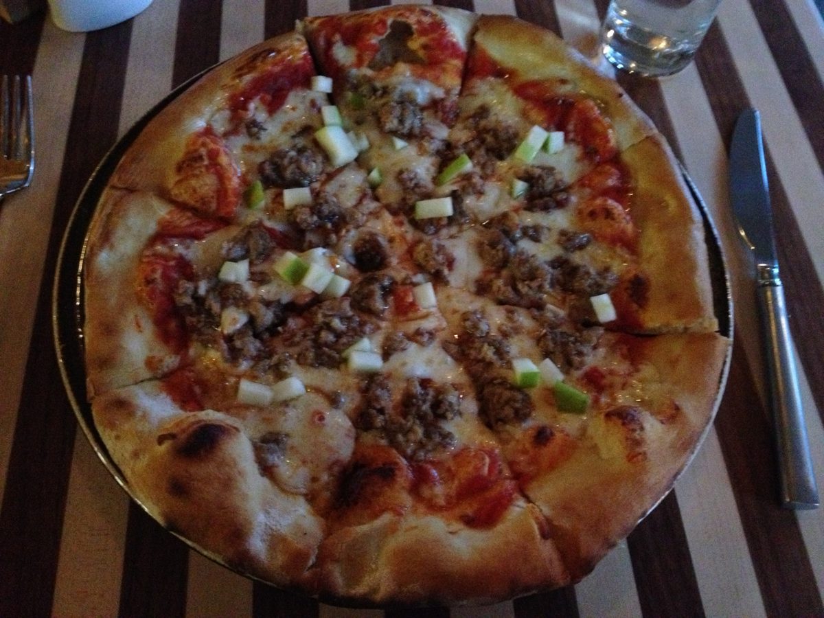 wood-fired pizza with sausage and diced apple, M Wood Fired Oven