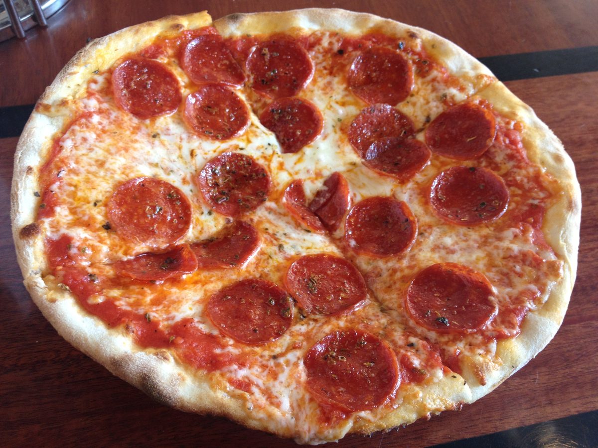 thin pie with sparsely scattered pepperoni, Bongiorno's Italian Deli & Pizzeria