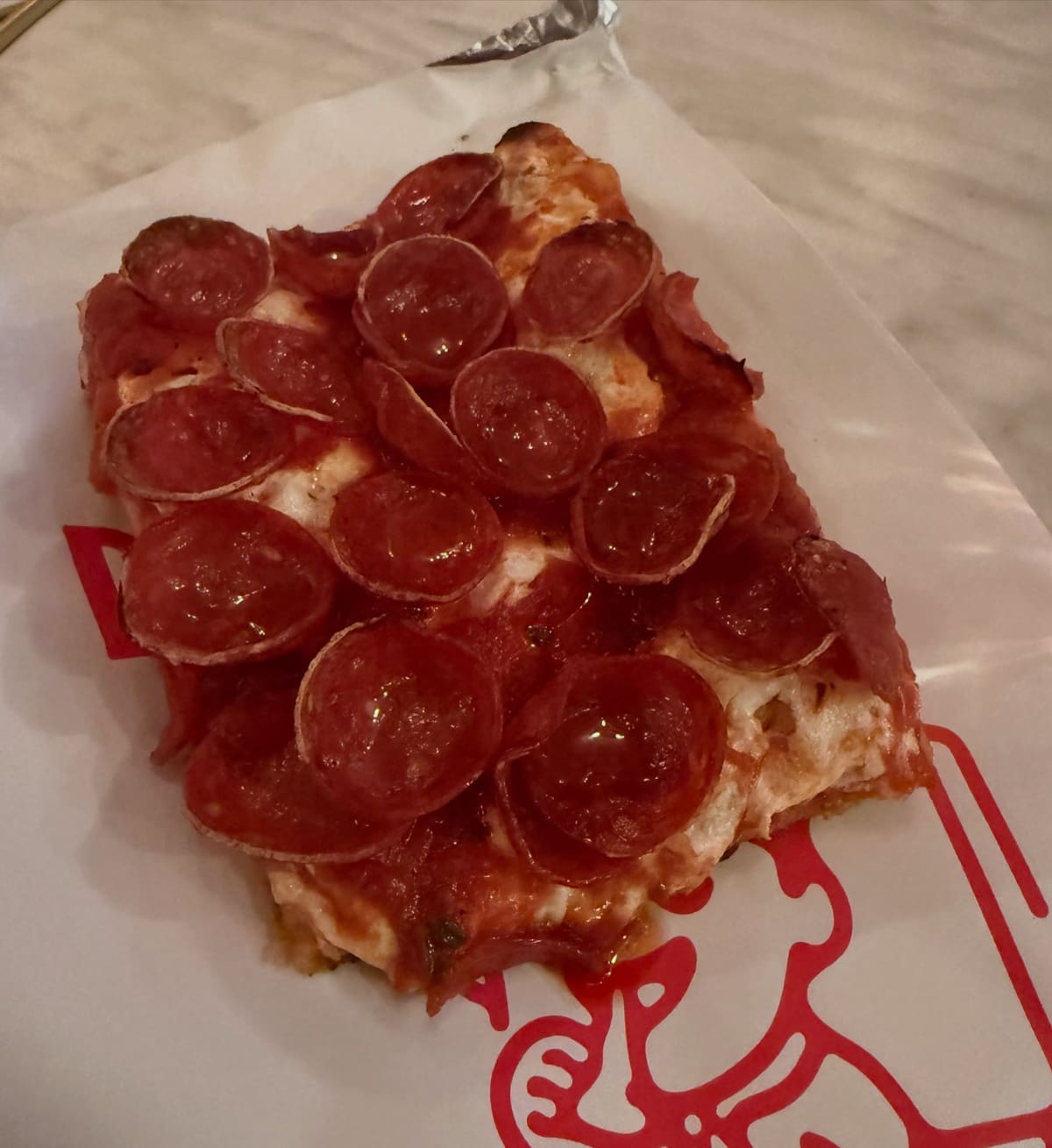 Pepperoni square pizza slice at Baby Luc’s in Carroll Gardens
