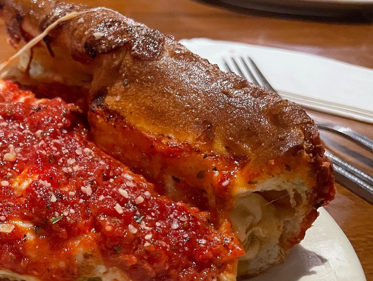 Side view of the deep dish crust at Bourbon House Pizza