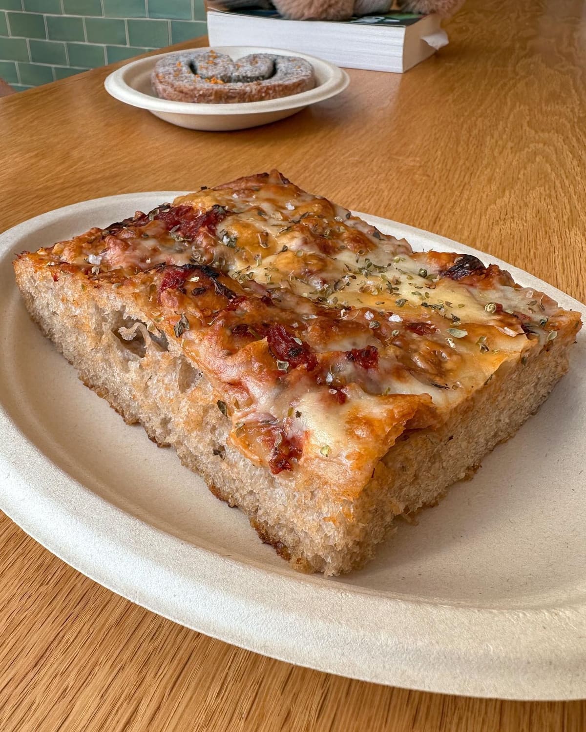 Square pizza slice at Brown Bear Bakery