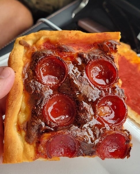 Pepperoni square pizza slice at Cacia’s Bakery in South Philadelphia