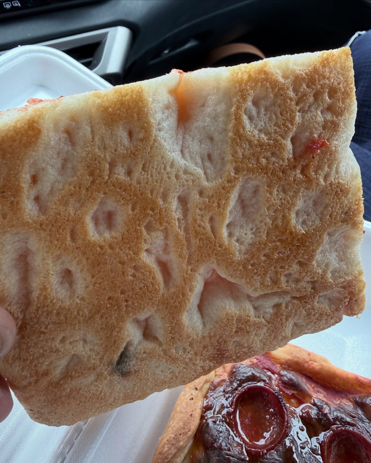 Crust and crumb of the pizza at Cacia’s Bakery in South Philadelphia