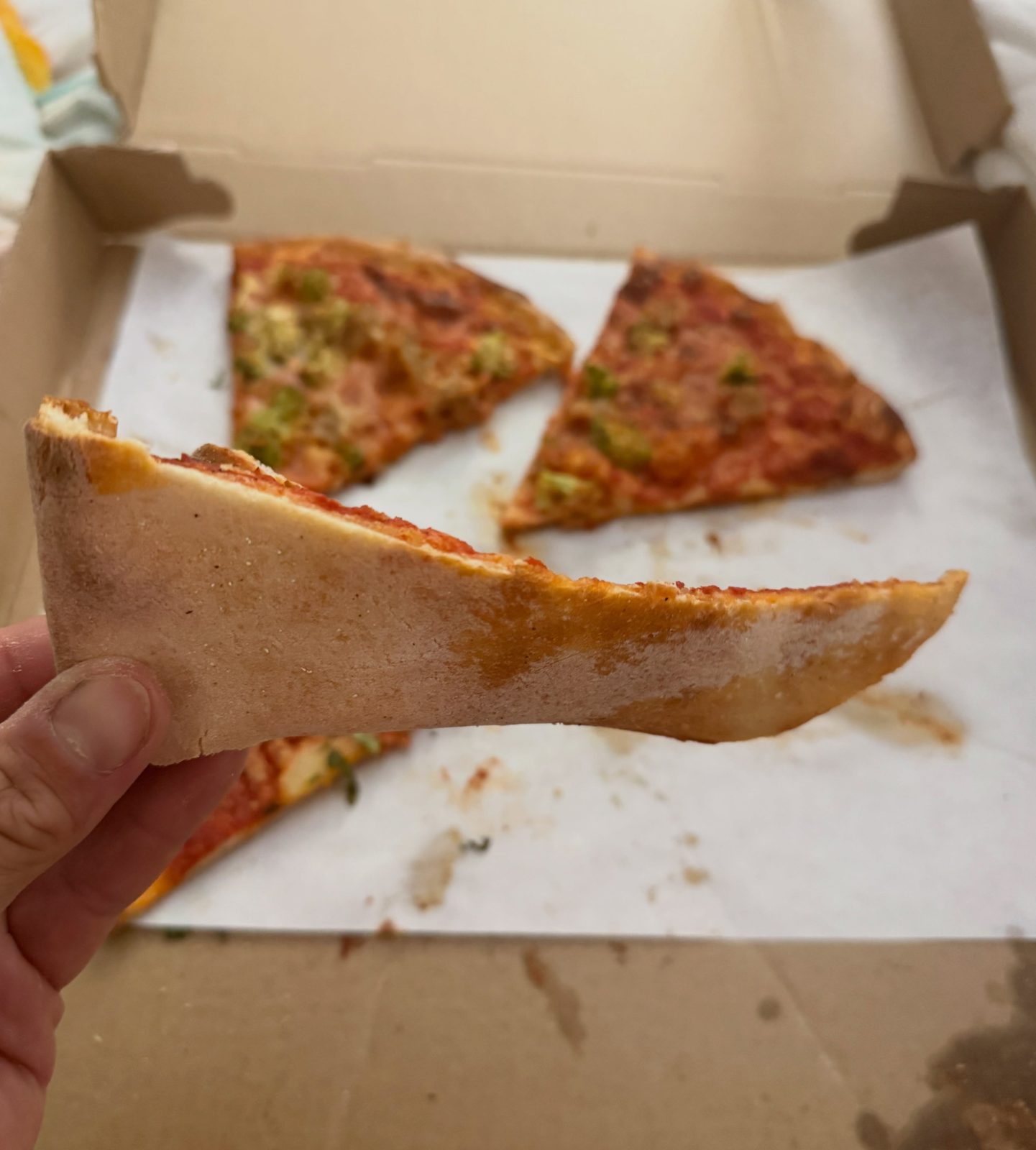 Side profile of the pizza crust at DeLucia’s Brick Oven Pizza