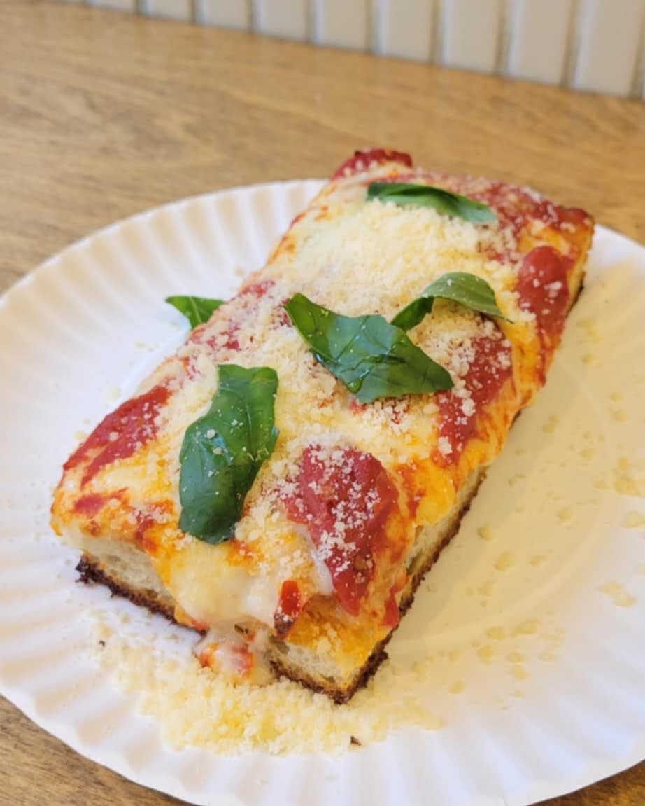 Square pizza slice at Fini Pizza in Williamsburg