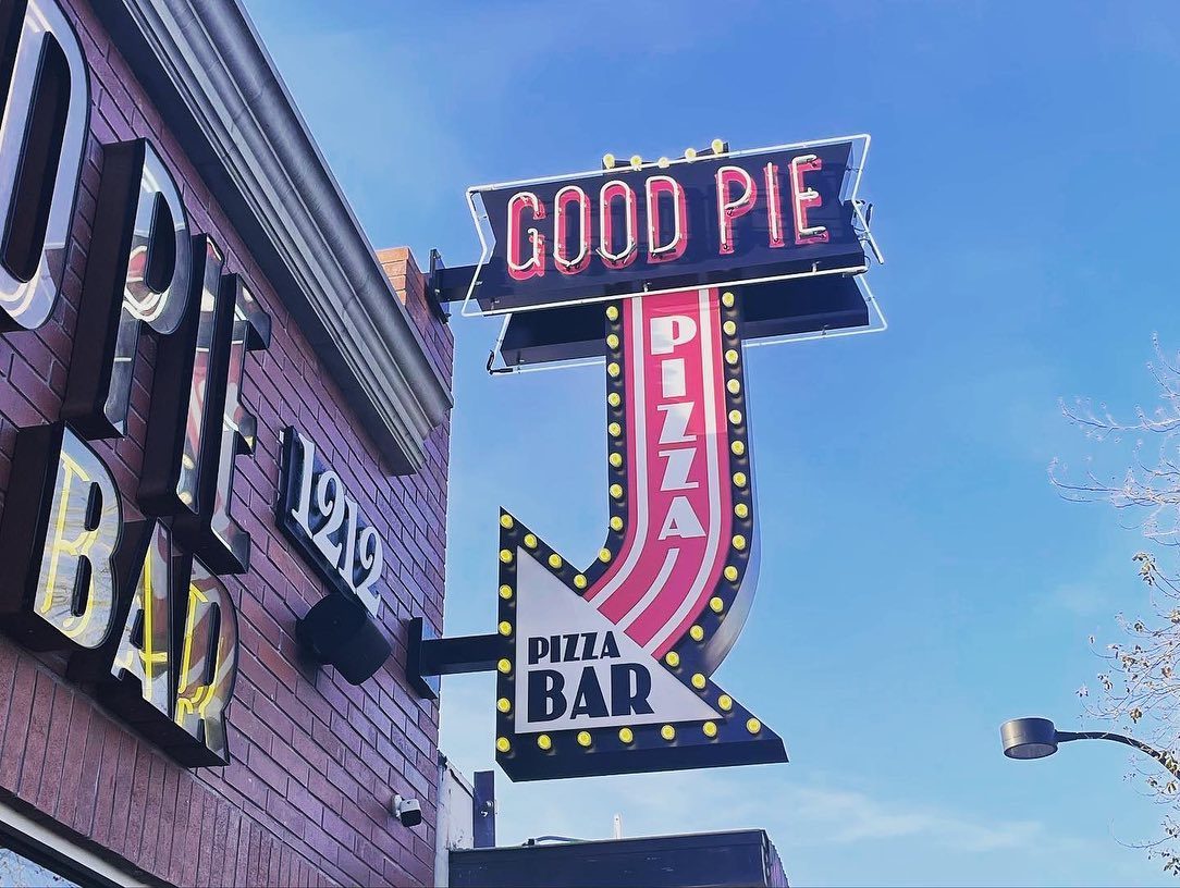 Neon sign outside at Good Pie