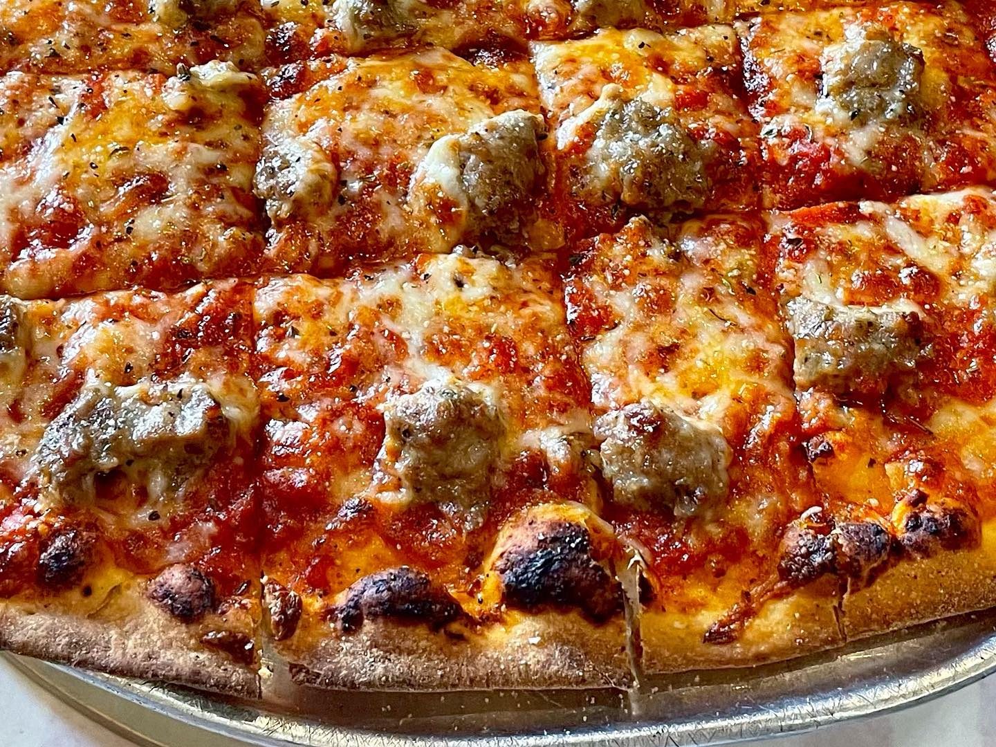 Close view of the square-cut pie at Grabowski’s Pizza