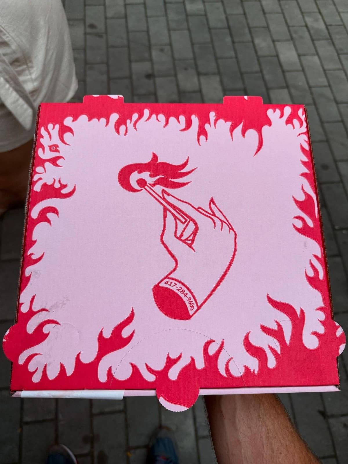 Pizza box at Hot Box Pizza in Somerville