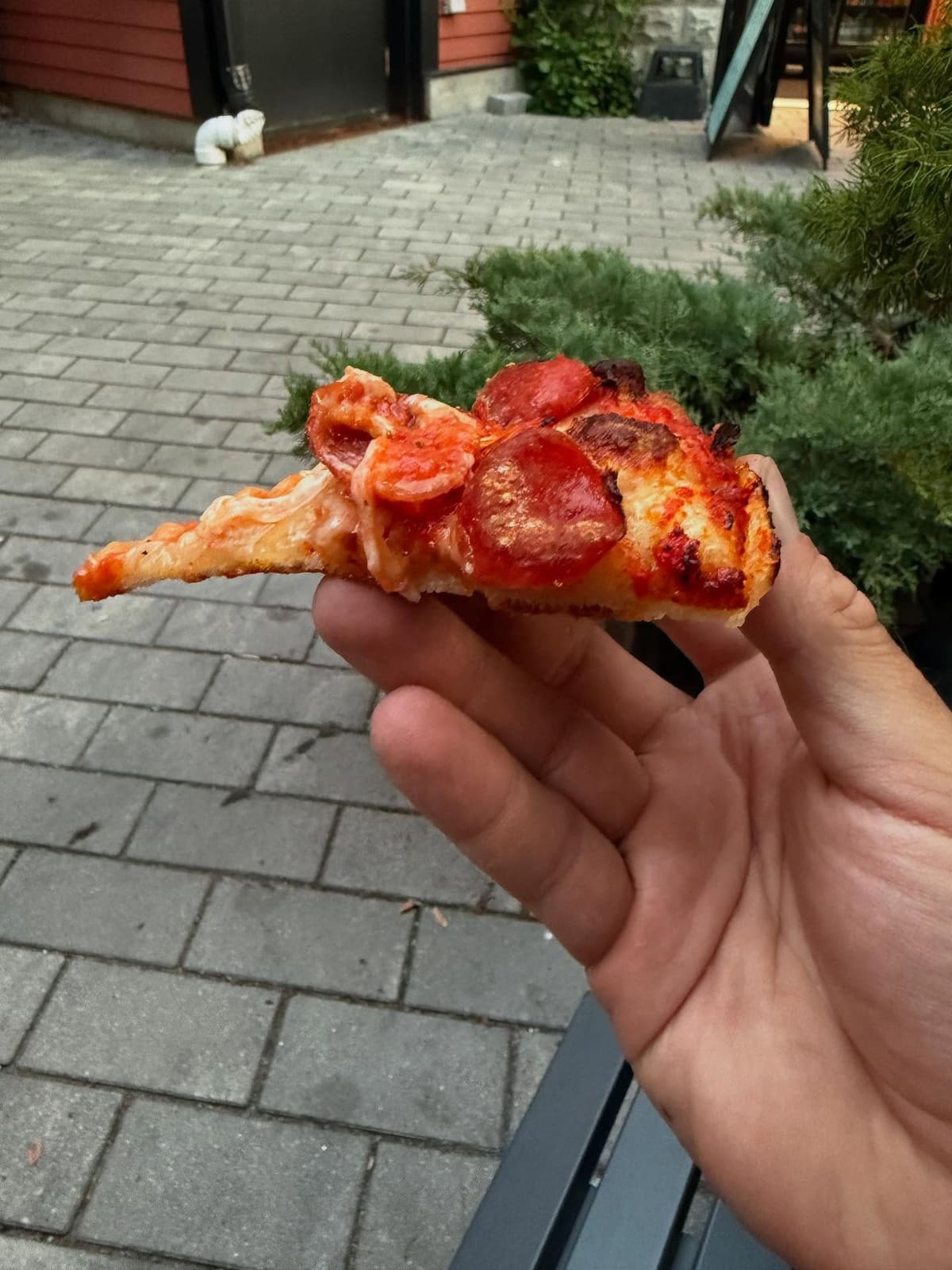 Pizza slice held up for a closer view at Hot Box Pizza in Somerville