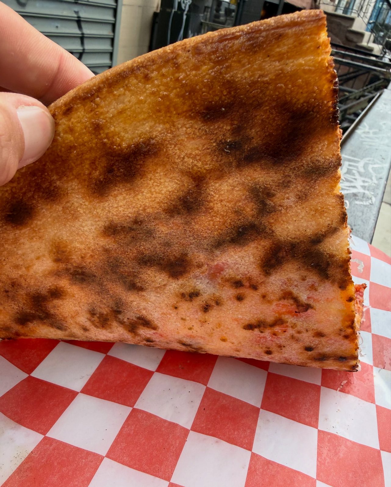 Underside of the Hots slice, deeply browned and blistered across the base