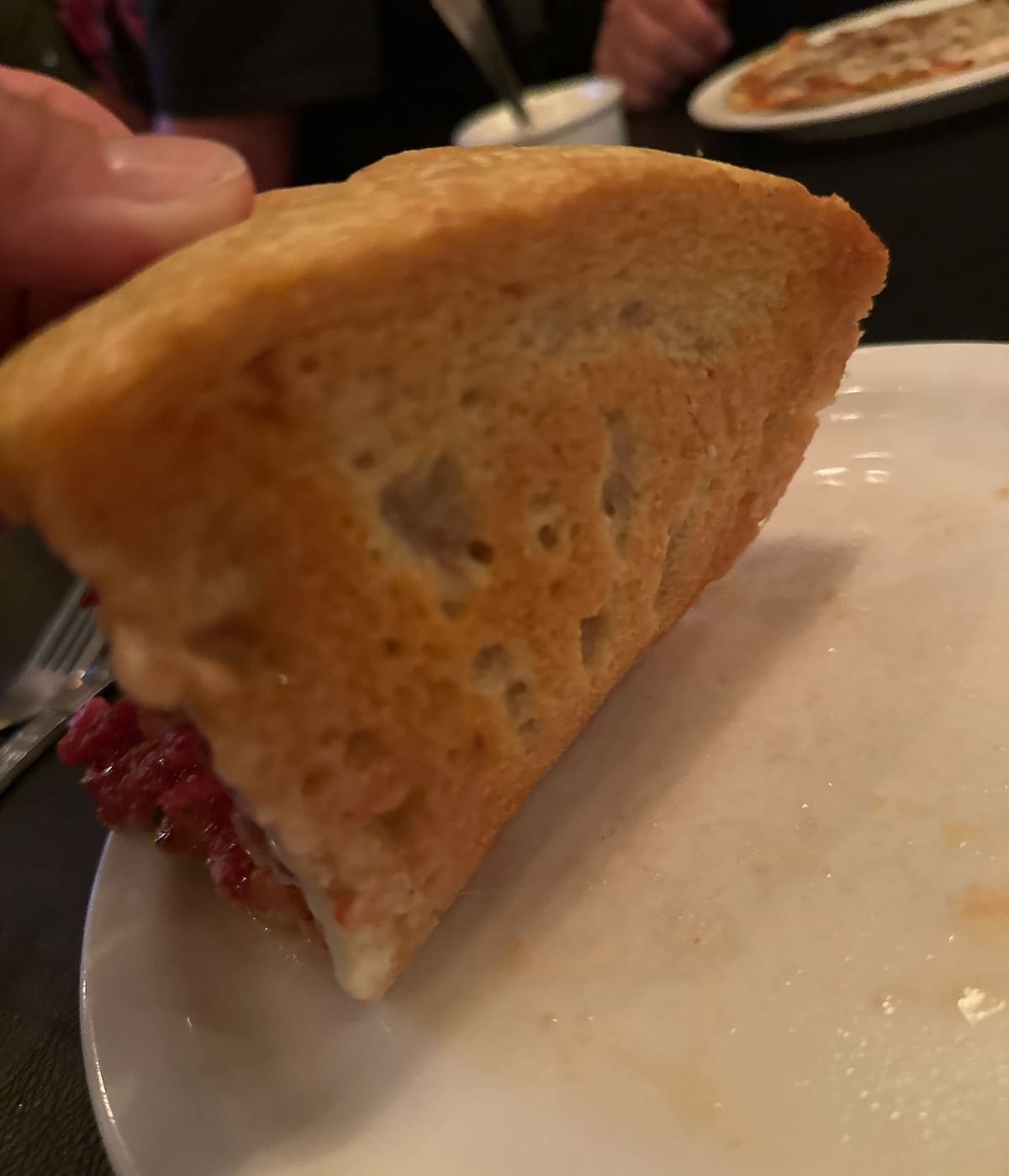 Side profile of the pizza crust at Lou Malnati’s in Chicago
