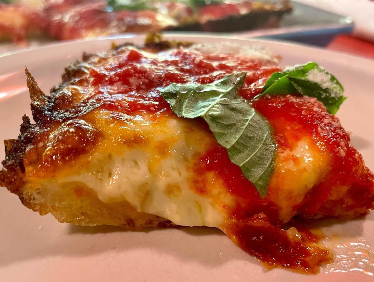 Side profile of the pizza crust at Michigan and Trumbull