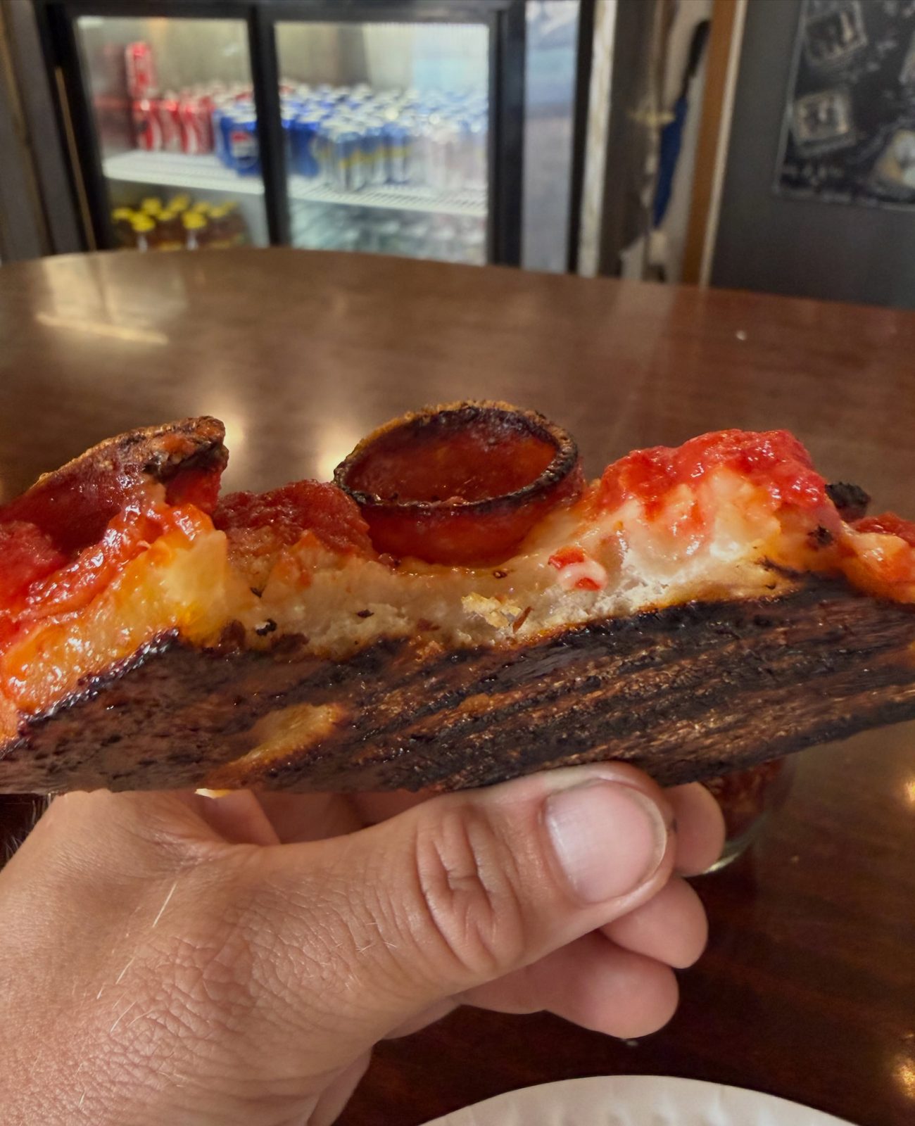 Side profile of the pizza crust at Nate’s Detroit Pizza