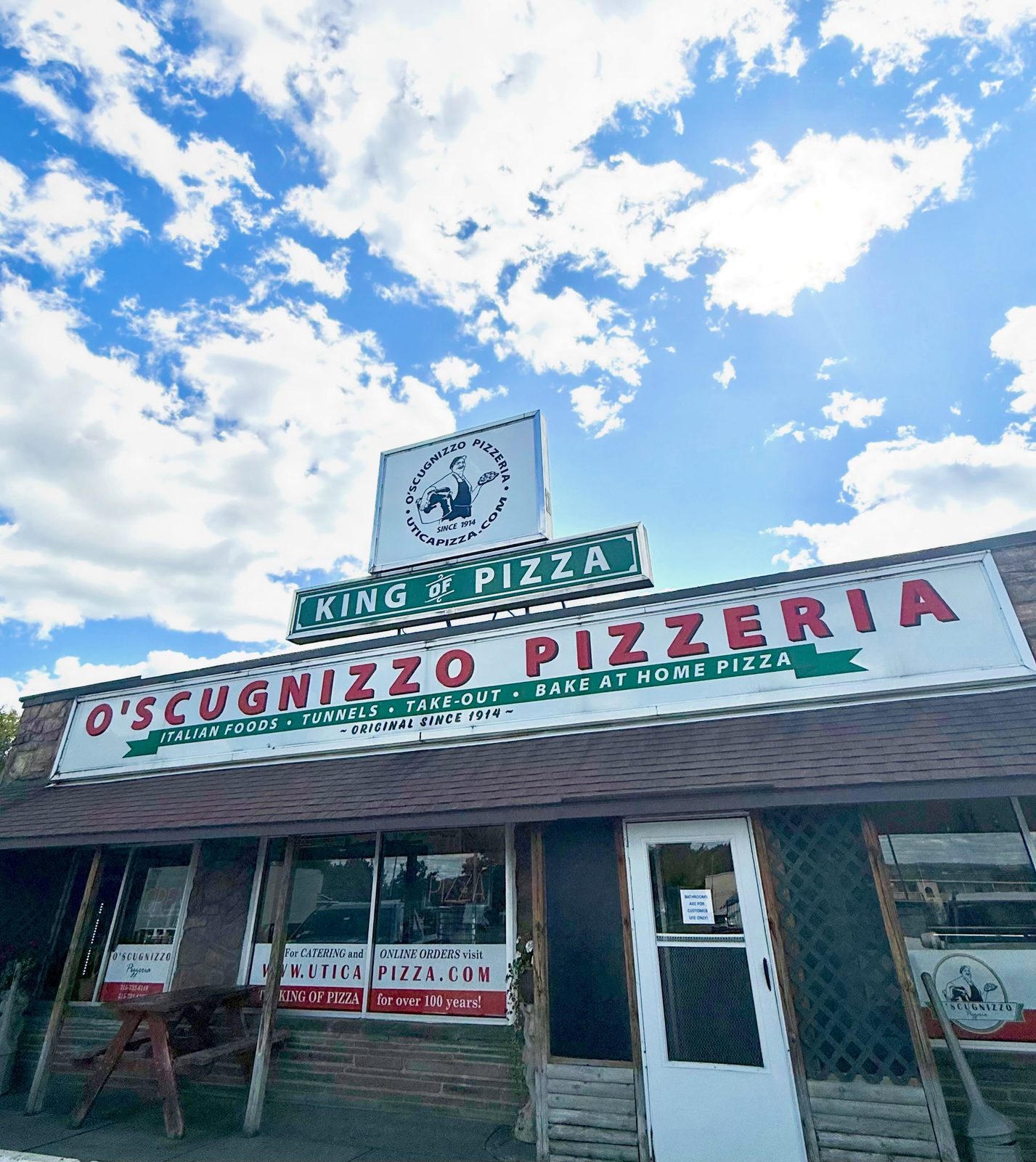 Painted storefront sign reading O’Scugnizzo Pizzeria, King of Pizza, original since 1914