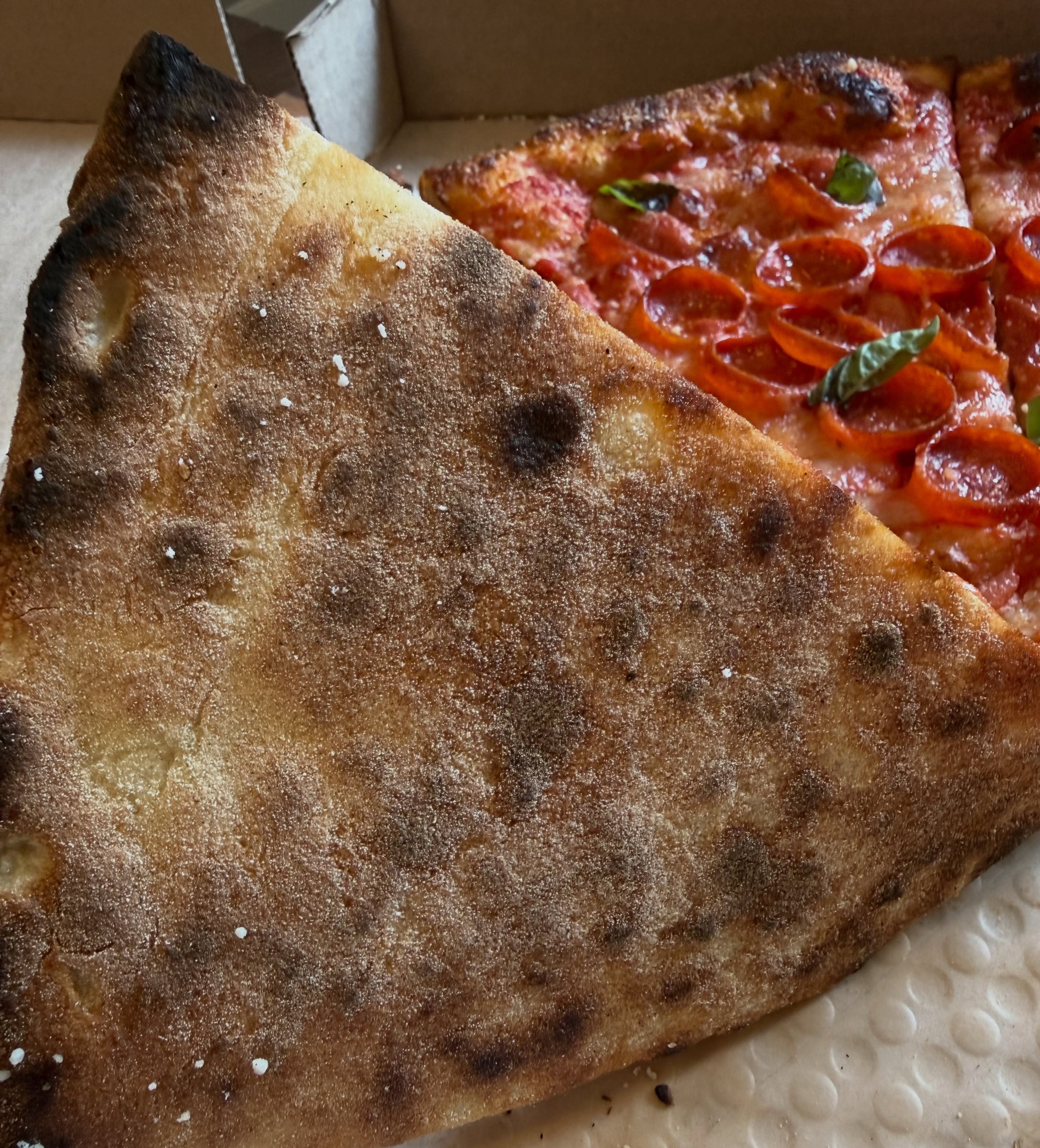 Browned underside of the crust, Red Bird Pizza