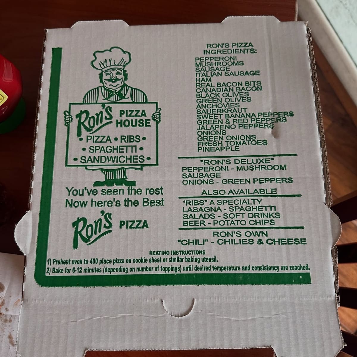 Restaurant menu at Ron’s Pizza