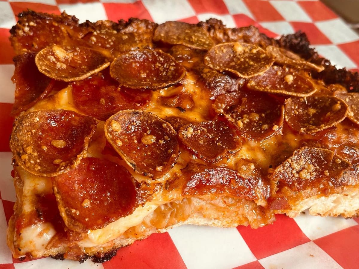 Square pizza slice at Upside Pizza