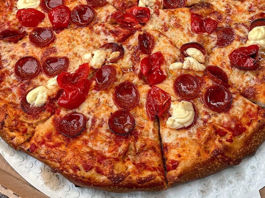 Whole pizza at Your Mom’s Pizzeria