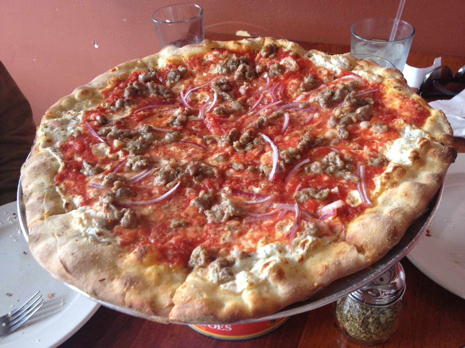 Sausage and red onion pie with blistered crust, Coalfire Pizza