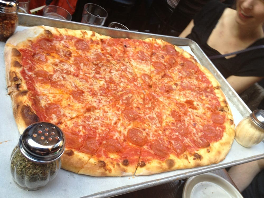 Sheet-pan pepperoni pizza cut into squares, Piece Brewery & Pizzeria