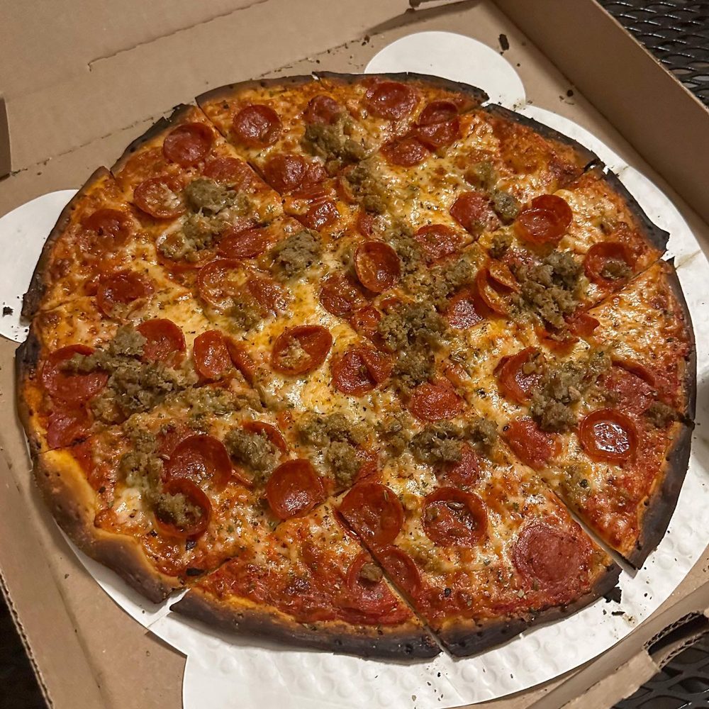 square-cut thin crust with pepperoni and sausage crumbles, St Francis Apizza