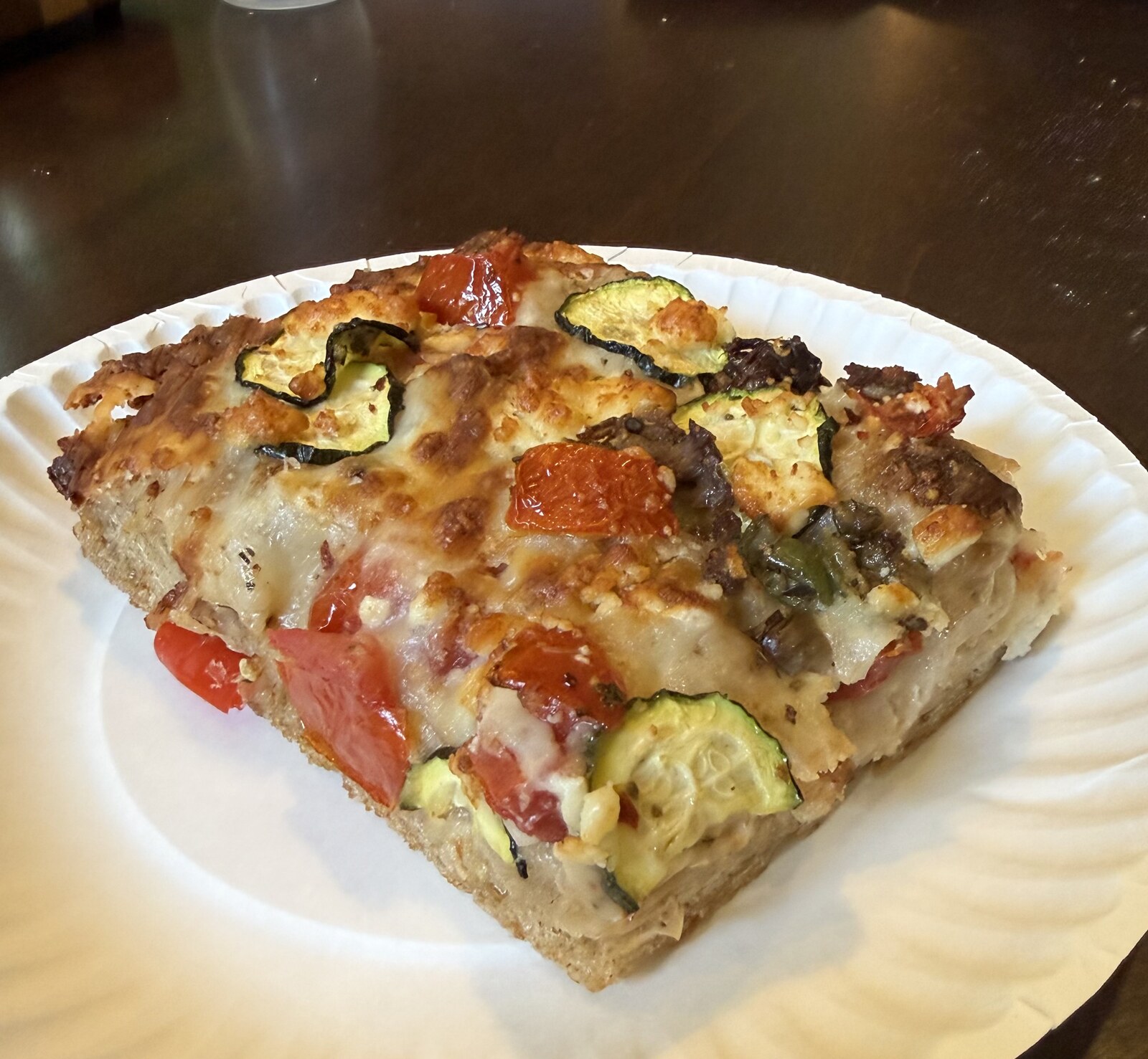 Roasted zucchini and tomato atop thick airy focaccia, Two Seven Two