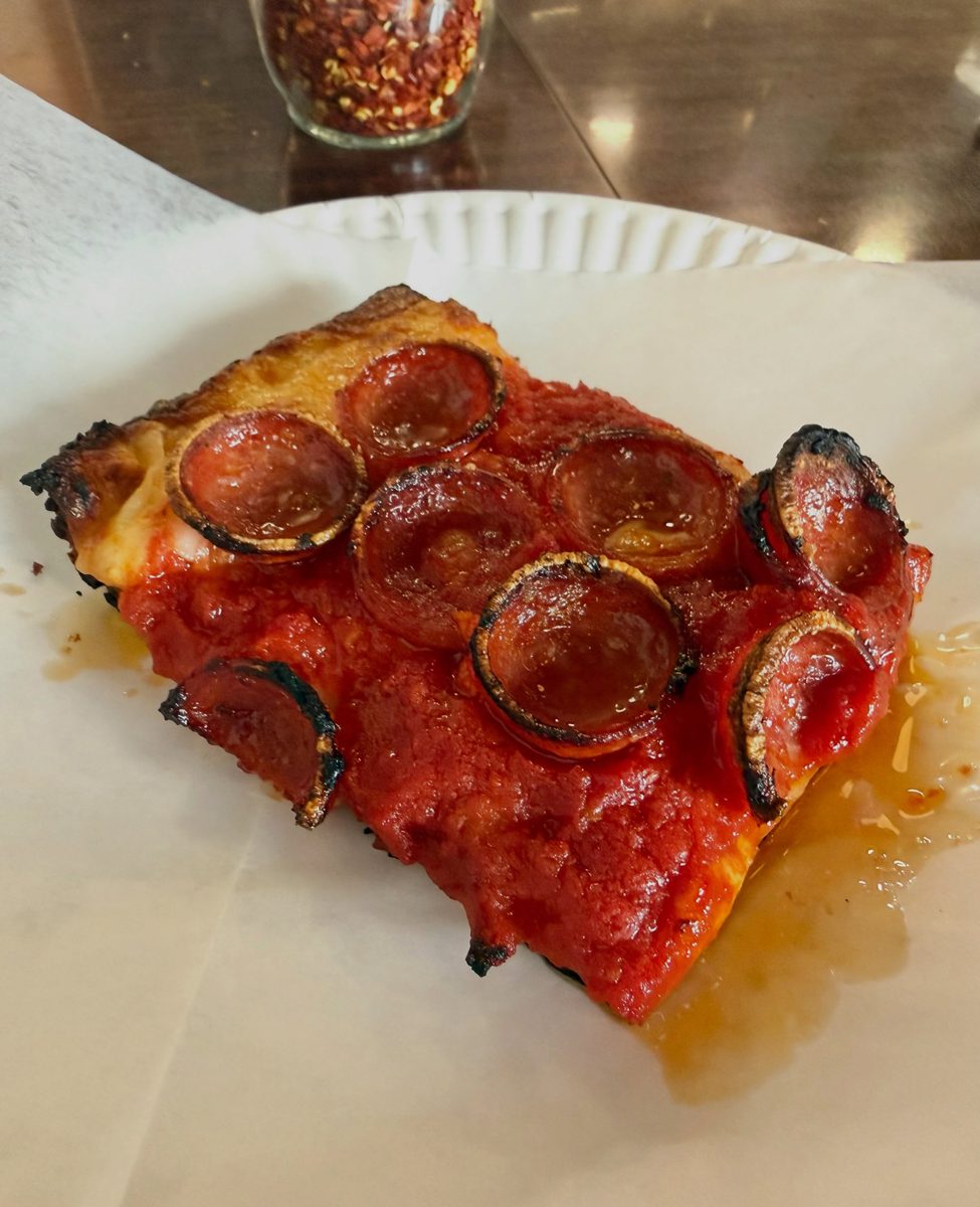 Detroit square with cupped pepperoni and sauce stripes on a paper plate, Nate’s Detroit Pizza
