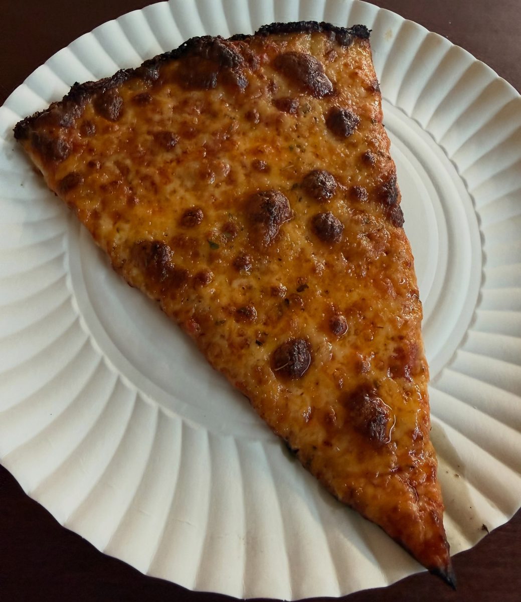 Slice at Pizza Land on a paper plate, cheese blistered dark brown and the edge nearly black